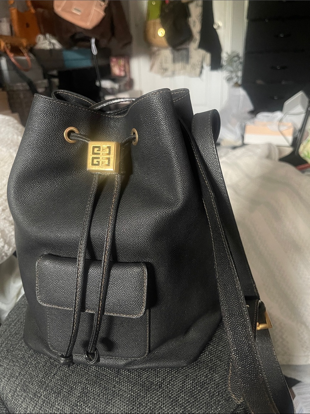 Givenchy Black Leather Drawstring Crossbody Bag with Gold Hardware